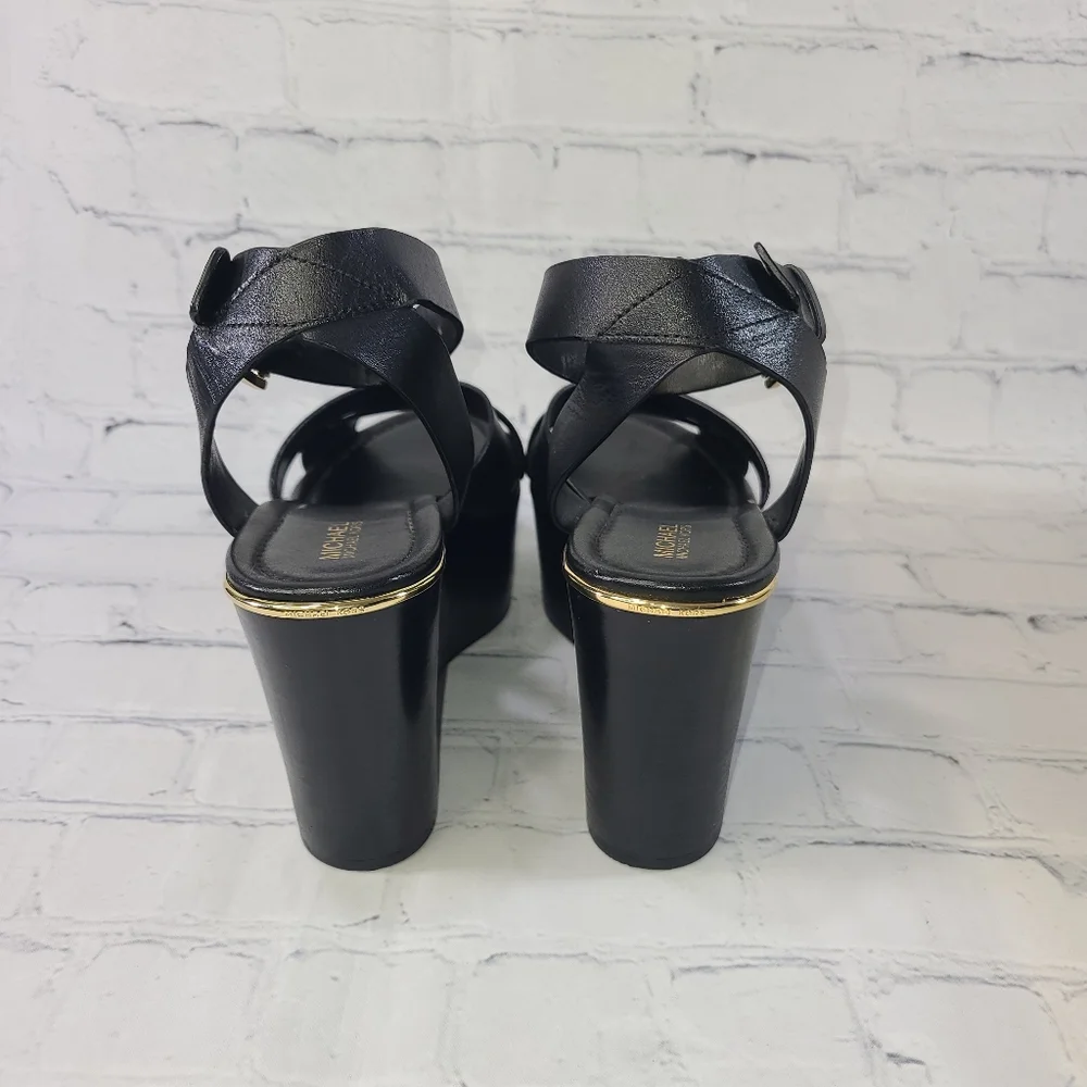 Michael Kors Abbott Mid Wedge Leather Color Black Size 8M